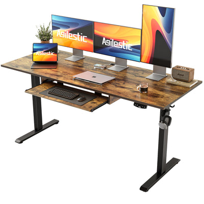 Agilestic Height Adjustable Desk with Keyboard Tray, 63 x 24 Inches Electric Standing Desk, Stand up Computer Table with Memory Preset, Modern Lift Motorized Gaming Workstation, Rustic Brown