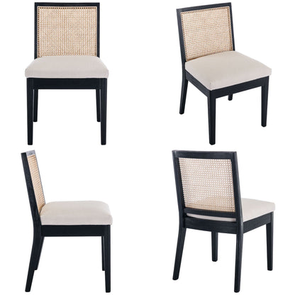 BESTANO Farmhouse Rattan Dining Chairs Set of 4 Black Wood Dining Room Chairs Rectangle Cane Country Kitchen Chairs Upholstered Dining Chair for Dining Room, Cream Linen - WoodArtSupply