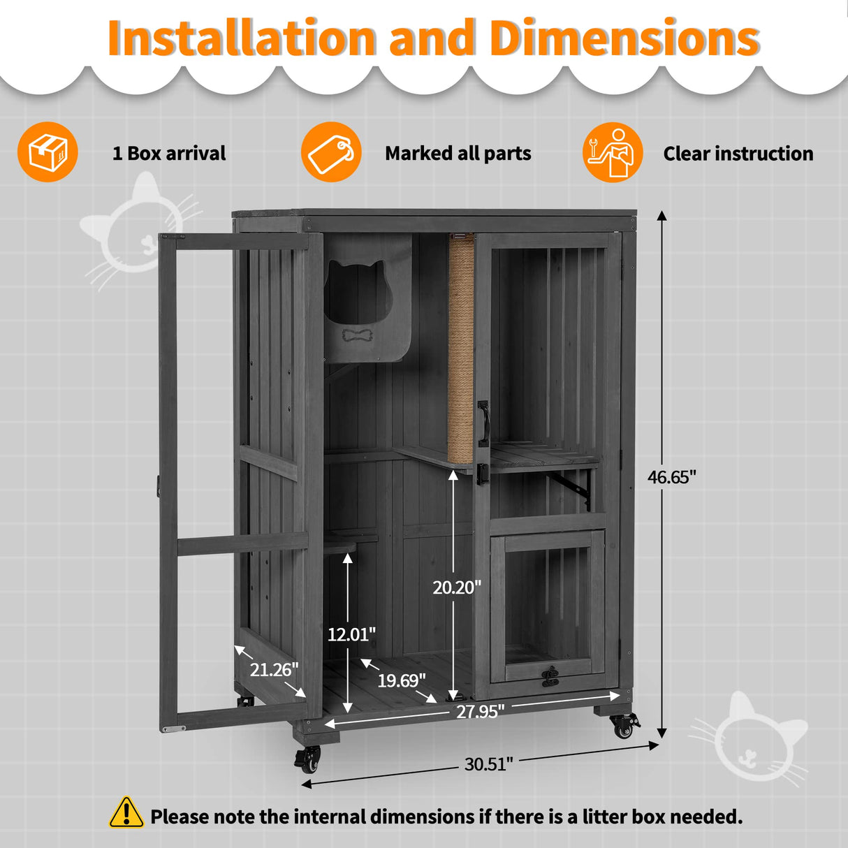 MCombo Luxury Cat House with Scratching Post, Wooden Large Cat Villa with Wheels, Multi-Feature Cat Condo with Escape Door, Cat Cages Enclosures with Shelter Indoor/Outdoor 6012-CT83 (Grey) mcombo