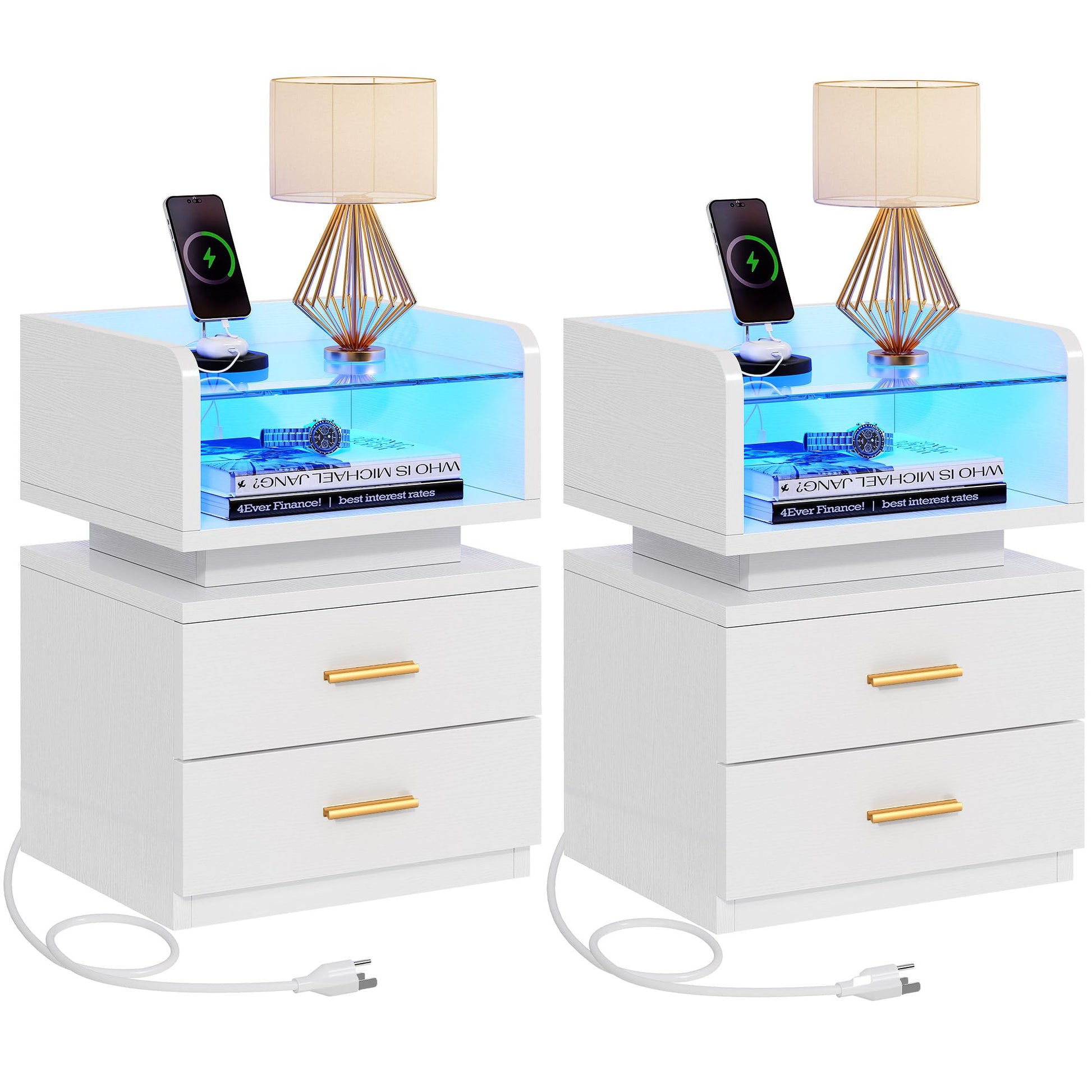 YITAHOME LED Nightstand with Charging Station, Night Stand with Glass Top, Modern Bedside Tables with 2 Drawers for Bedroom, End Side Table with USB Ports and Outlets, Set of 2, White & Gold - WoodArtSupply