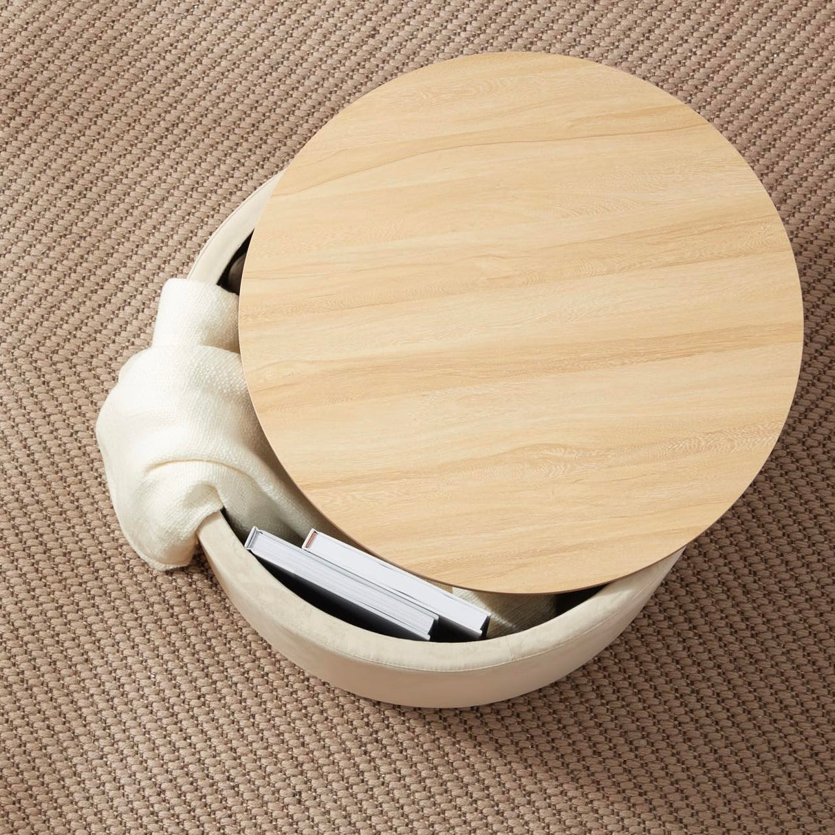 Ornavo Home 22 inch Large Round Ottoman Coffee Table Storage Ottoman with Wooden Lift Off Lid, Ottoman with Storage for Living Room, Bedroom and Office, Velvet Cream Ornavo Home