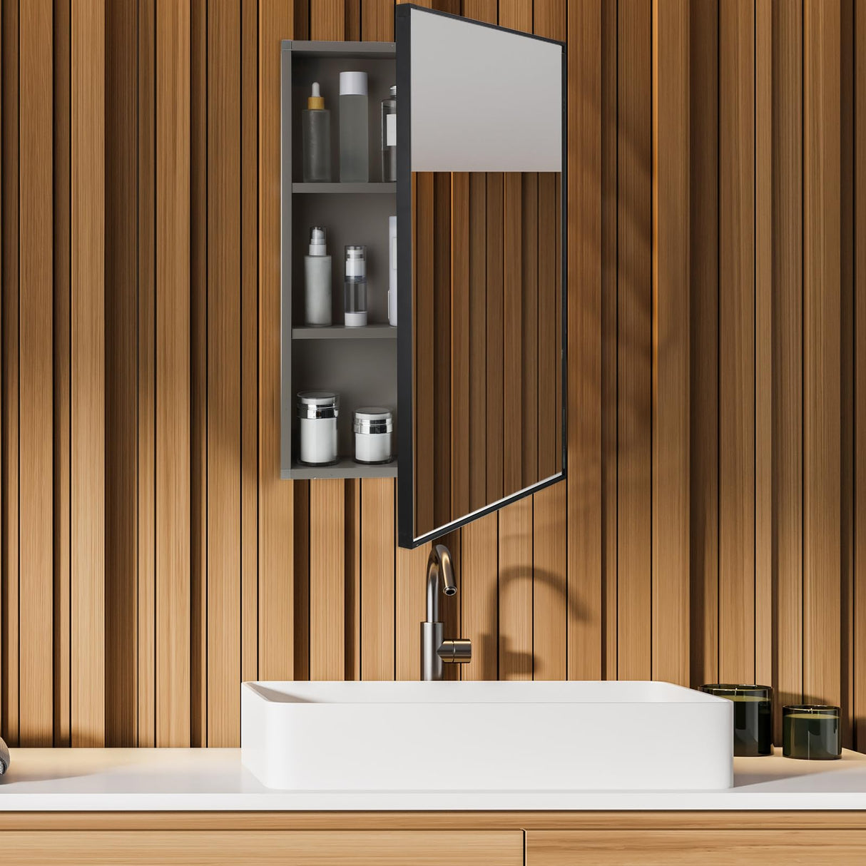 Suzile Modern 16 x 24 x 4.3 Inch Medicine Cabinet with Mirror Wall Mounted Framed Recessed Bathroom 3 Shelves Wall Mounted Sliding Doors(Light Grey,1 Pack) Suzile