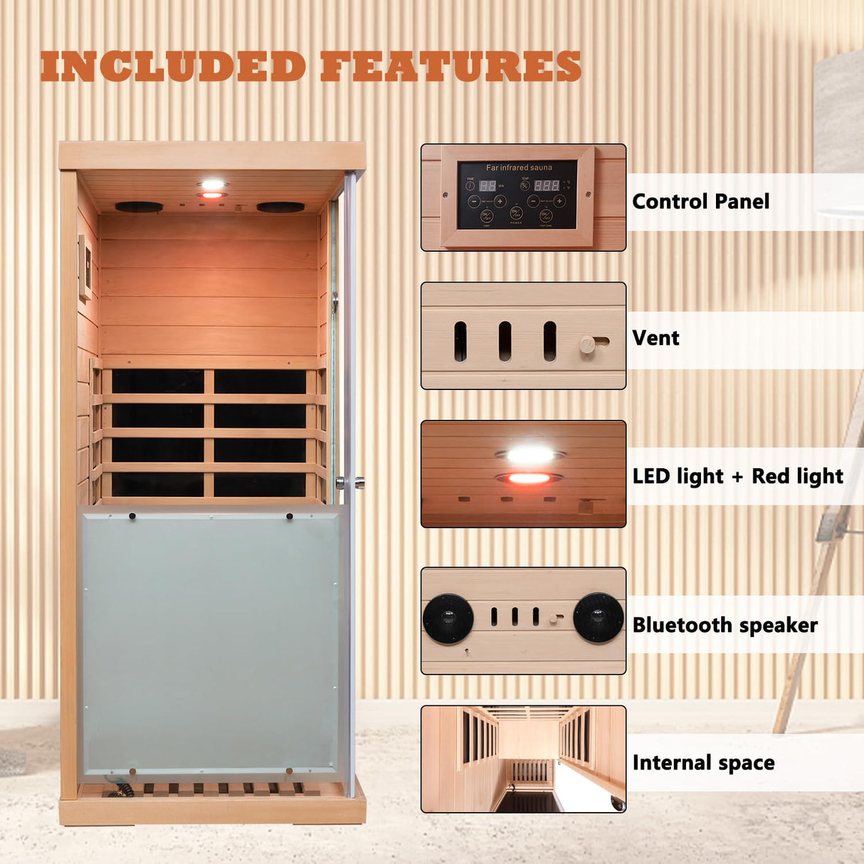 1 Person Infrared Sauna | Far Infrared Home Sauna | 1,060 watt | 6 Low EMF Heaters | Canadian Hemlock | Tempered Glass Door | Indoor Saunas with Red Lamp, Bluetooth, LCD, LED (Random Left/Right) Wizzisauna