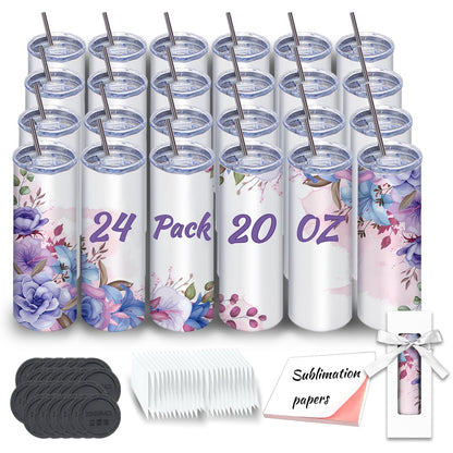 Sublimation Tumblers bulk 20 oz Skinny, 24 Pack Stainless Steel Double Wall Insulated Straight Sublimation Tumbler Cups Blank White with Lid, Individually Box,Polymer Coating for Heat Transfe - WoodArtSupply