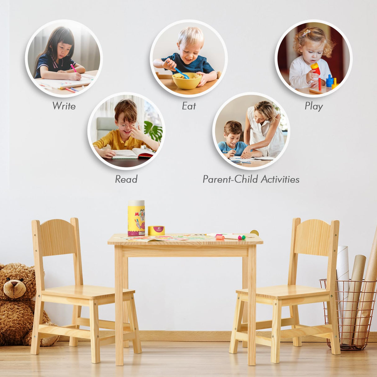 OOOK Solid Wooden Kids Table and Chair Set, Stable and Sturdy, Toddler Table and 2 Chairs Set for Arts, Crafts, Reading, Preschool, Kindergarten, Playroom OOOK