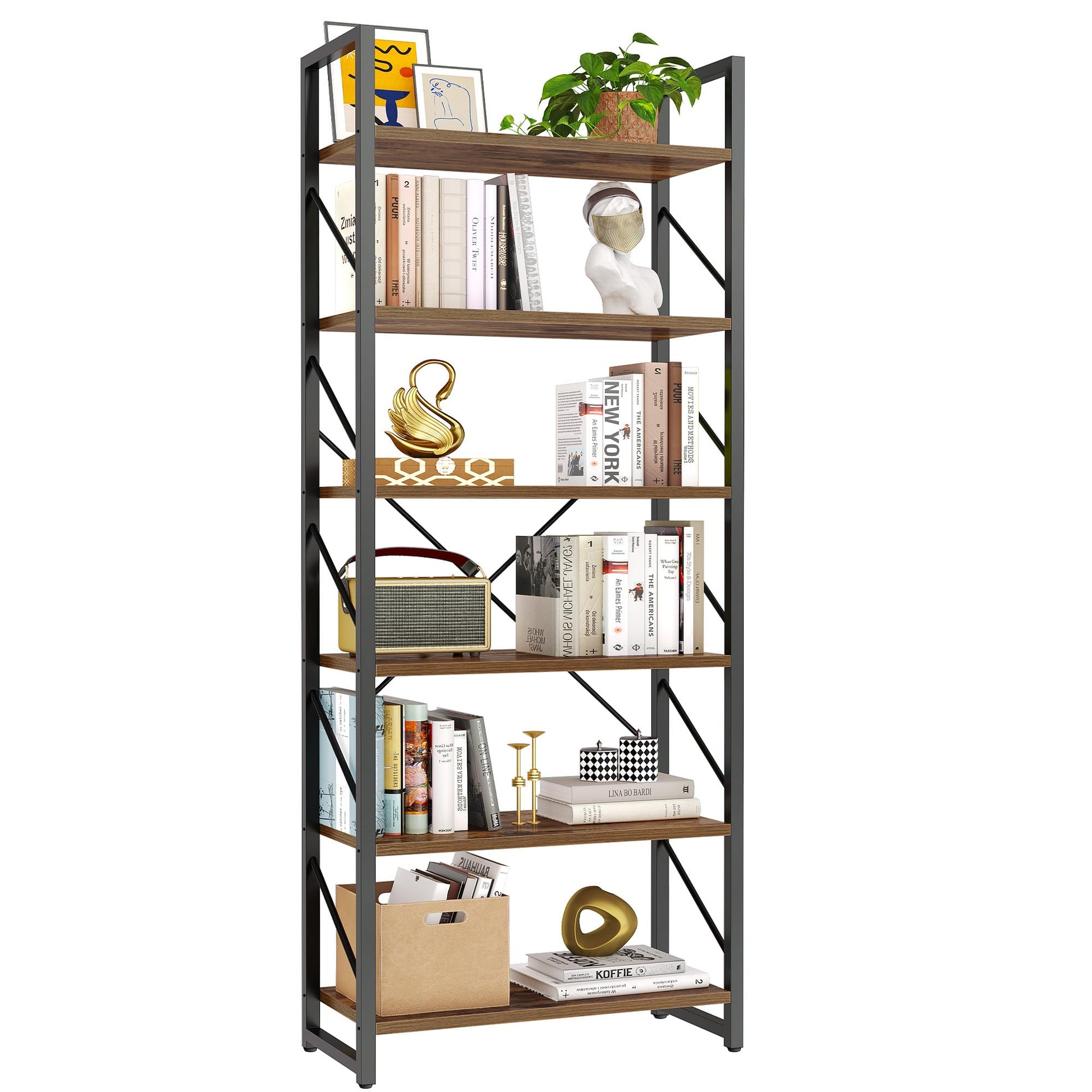 YITAHOME Rustic Brown 6-Tier Industrial Bookshelf - Open Display Storage Rack for Home and Office - WoodArtSupply