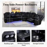 Power Recliner Sectional Sofa with LED Light, Breathing Leather Recliner Sofa Couch with Wireless Charger/Cup Holder for Living Room Home Office Theater (All Black) Pon Living Furniture Inc