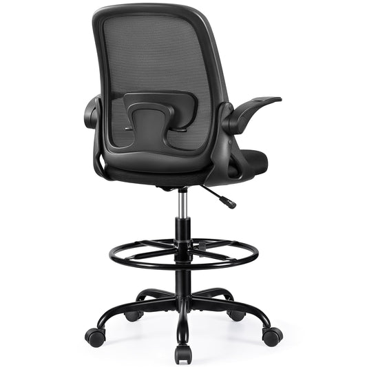 Winrise Drafting Chair Tall Office Chair Ergonomic Desk Chairs with Lumbar Support and Flip-up Armrests, Adjustable Height Comfy Computer Chair with Swivel Task and Adjustable Foot Ring(Black - WoodArtSupply