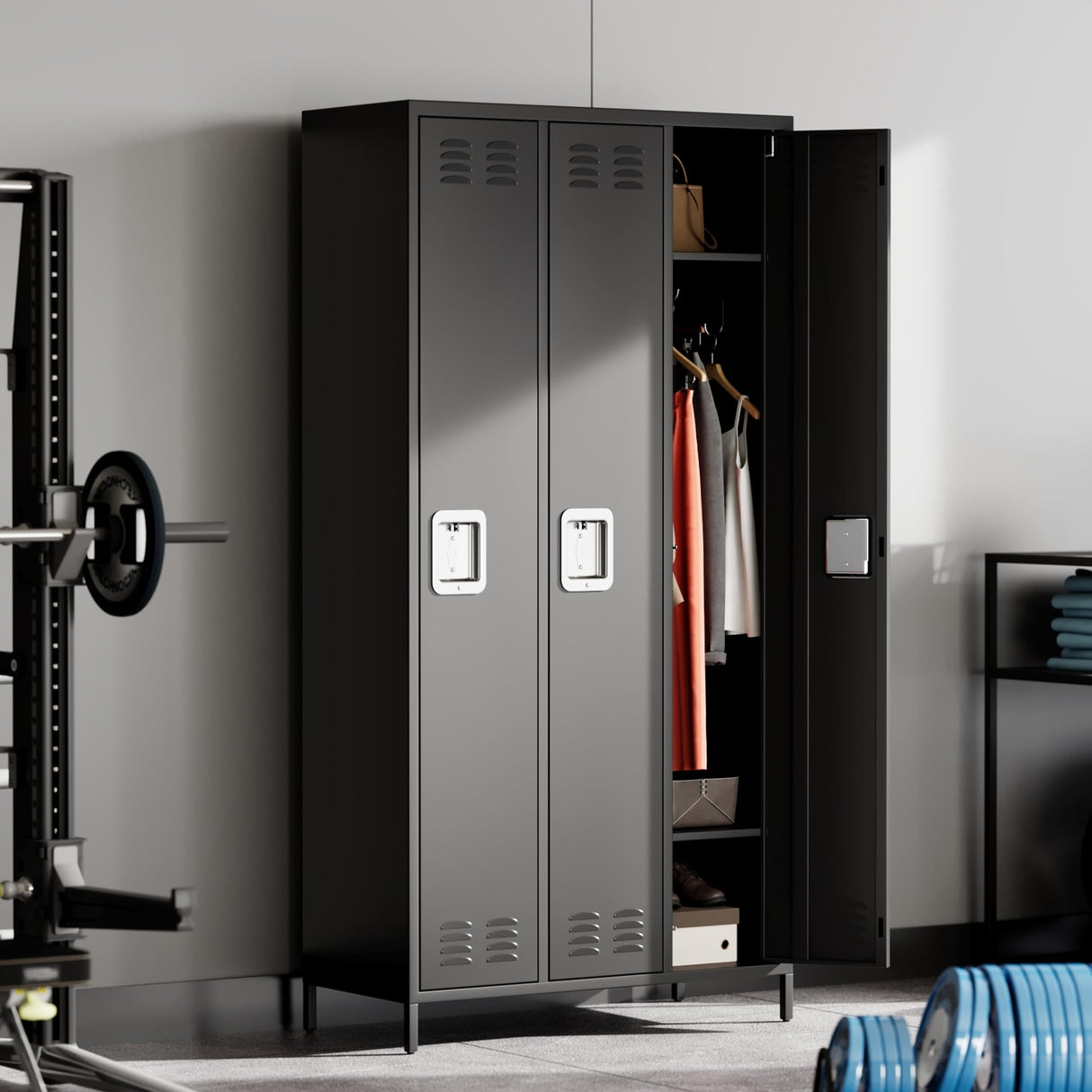 Loumernhant 72" Tall Metal Garage Storage Cabinets with Safety Lock,3 Doors Storage Lockers Combination,Metal Lockers Perfect for Homes,Gyms,Factories,Offices,Warehouses,Garage.Black. Loumernhant