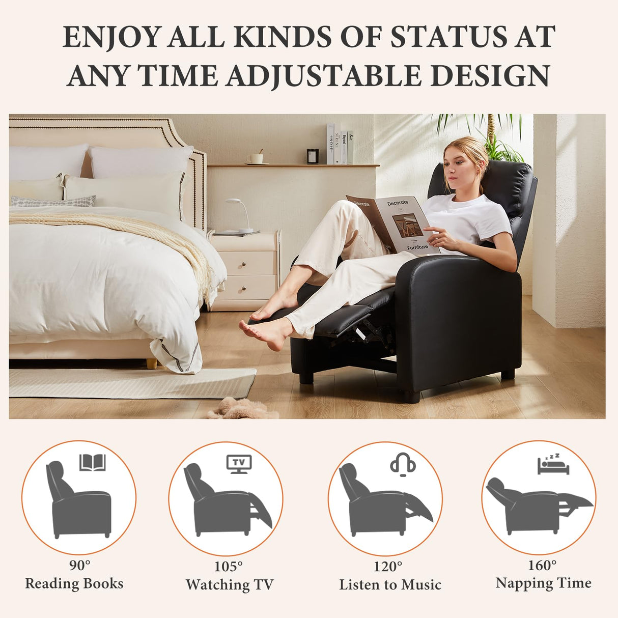 Sweetcrispy Massage Recliner Chair for Adults, Adjustable Home Theater Seating with Lumbar Support for Living Room, Modern Fabric Reclining, Pure Black Sweetcrispy