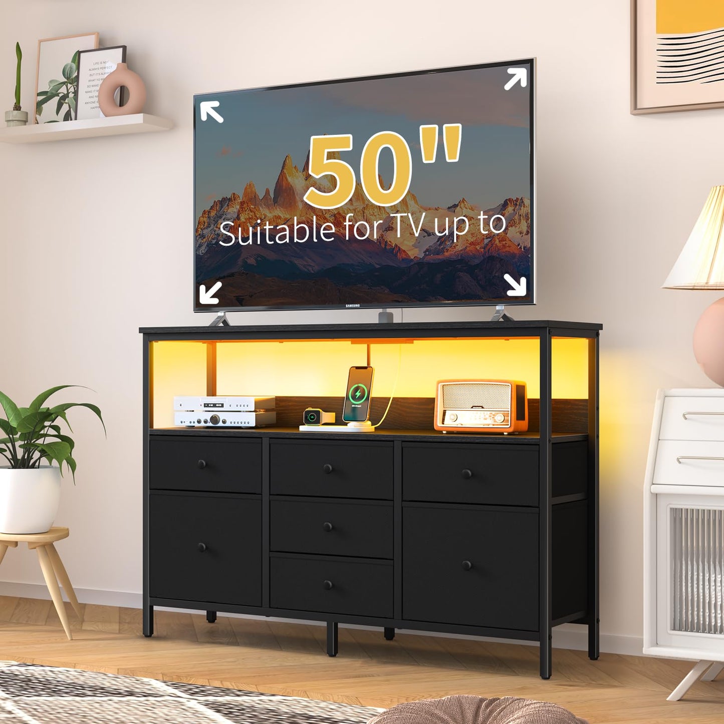 Yoobure TV Stand Dresser for Bedroom, 7 Fabric Drawers Entertainment Center, LED Dressers with Power Outlets, TV Stands for Living Room with Storage Shelf, TV Console Entertainment Stand up t - WoodArtSupply