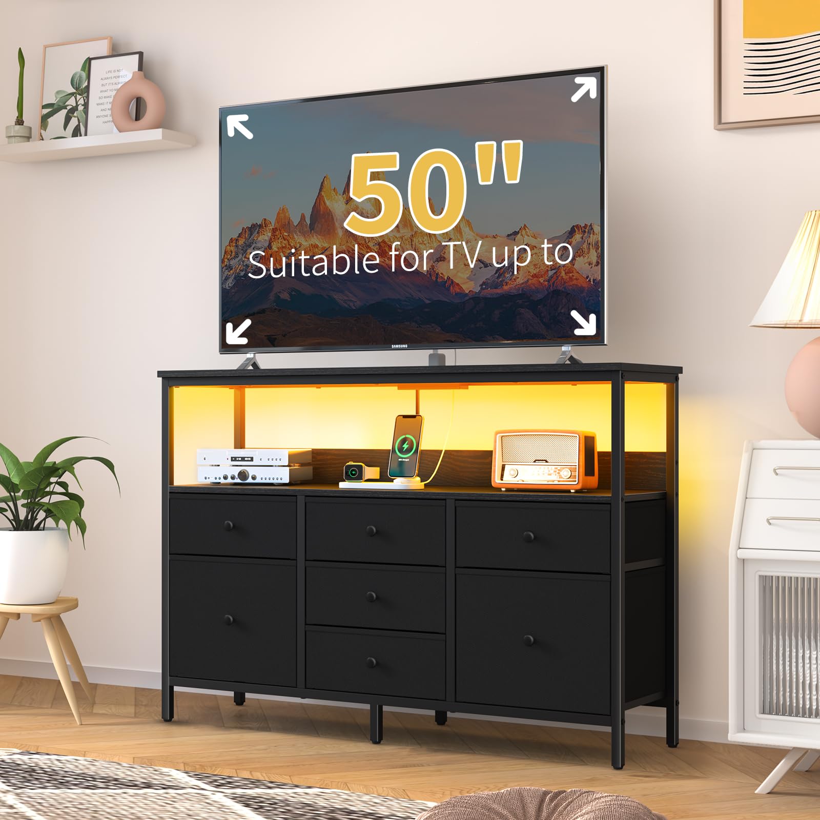 Yoobure TV Stand Dresser for Bedroom, 7 Fabric Drawers Entertainment Center, LED Dressers with Power Outlets, TV Stands for Living Room with Storage Shelf, TV Console Entertainment Stand up t - WoodArtSupply