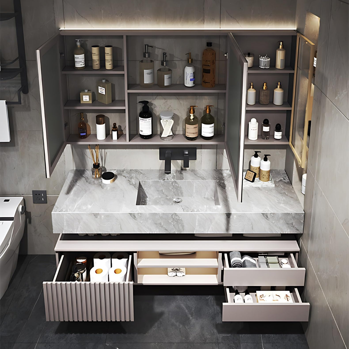 ZGNBSD Bathroom Vanity with Sink - Modern Floating Bathroom Vanity | LED Smart Medicine Cabinet Included | Multi-Layer Solid Wood Bathroom Vanity | Wall-Mounted Installation (White, 50") ZGNBSD