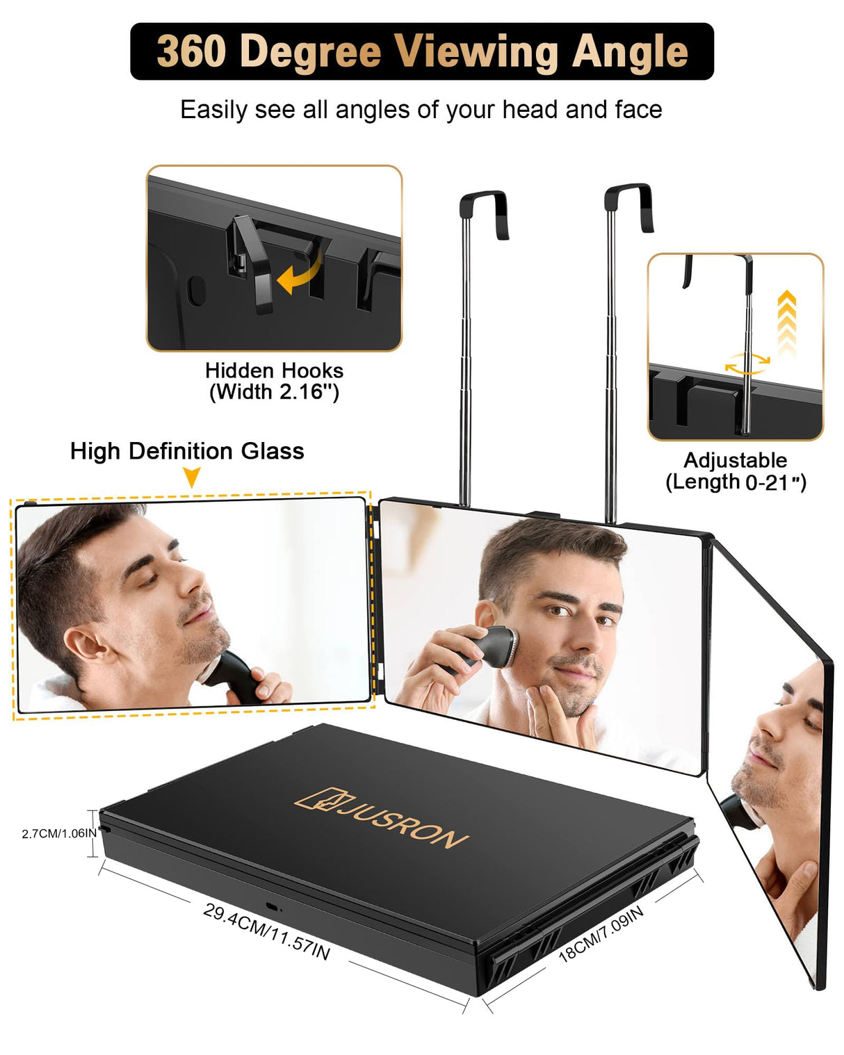 JUSRON 360 Viewing Angle Self Hair Cutting Mirror, Clear Anti-Fog HD Glass (Black Without LED Without Accessories) JUSRON