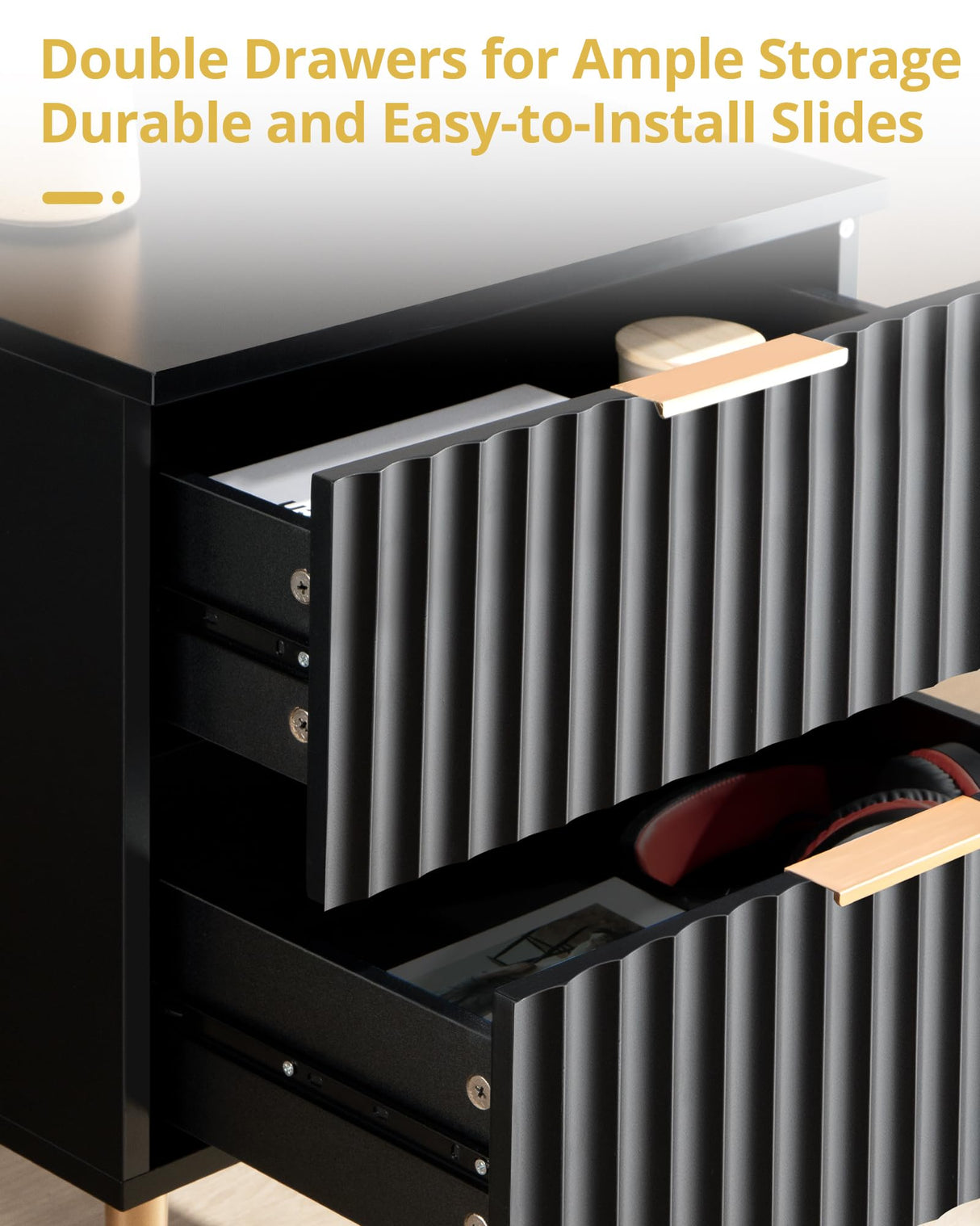 SICOTAS Black Night Stand Set 2, Wide Fluted Nightstand with 2 Drawers, Modern Glossy Storage Bedside Table for Bedroom, End Side Table with Golden Metal Legs and Handles SICOTAS