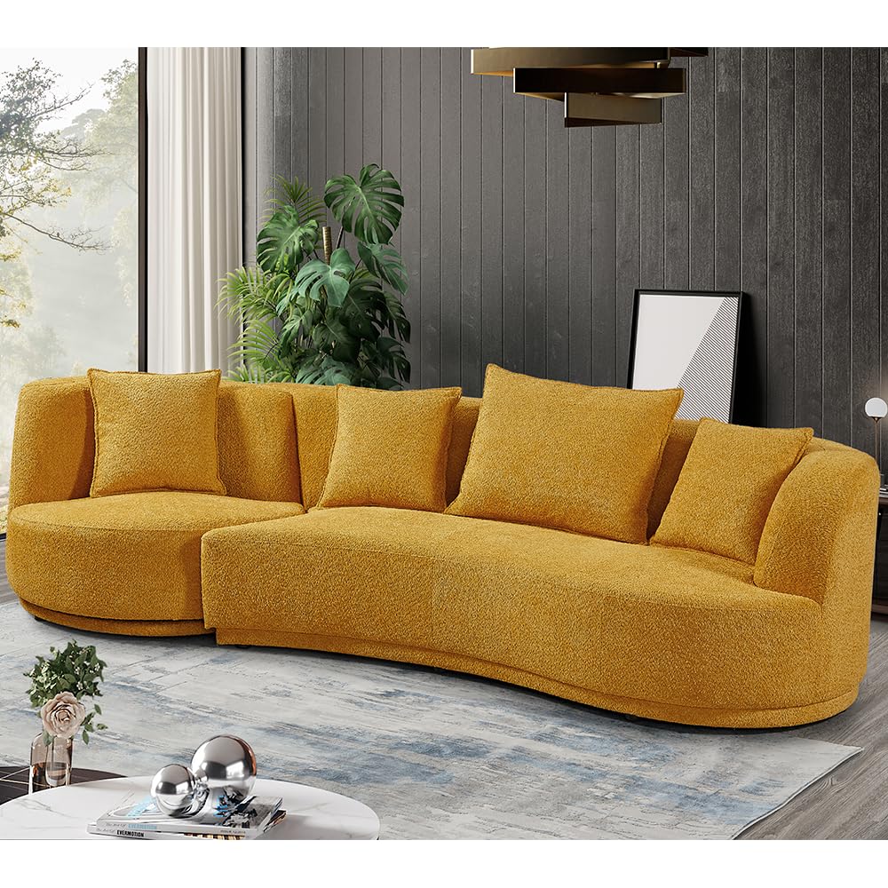 WILLIAMSPACE 109.84" Modern Curved Sofa Couch with 360° Swivel Arm Chair, Modern Upholstery Boucle Sofa 3 Seat Couch with 4 Throw Pillows, Luxury Curved Couch for Living Room Apartment (Yellow) WILLIAMSPACE