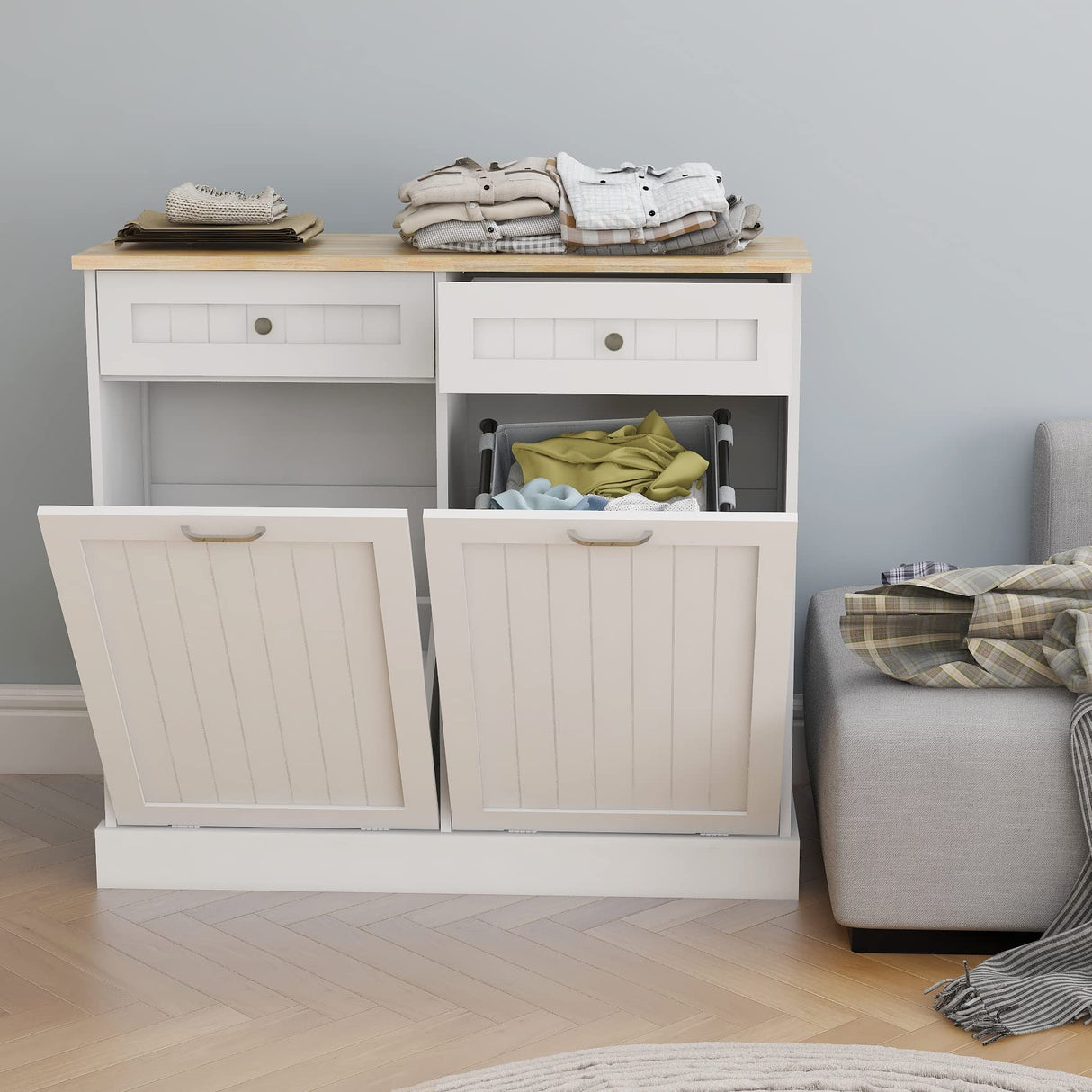 RASOO Double Tilt Out Trash Can Cabinet Freestanding Wooden Kitchen Garbage Trash Can Cabinet with Wood GrainTabletop and 2 Drawers RASOO