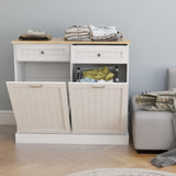 RASOO Double Tilt Out Trash Can Cabinet Freestanding Wooden Kitchen Garbage Trash Can Cabinet with Wood GrainTabletop and 2 Drawers RASOO