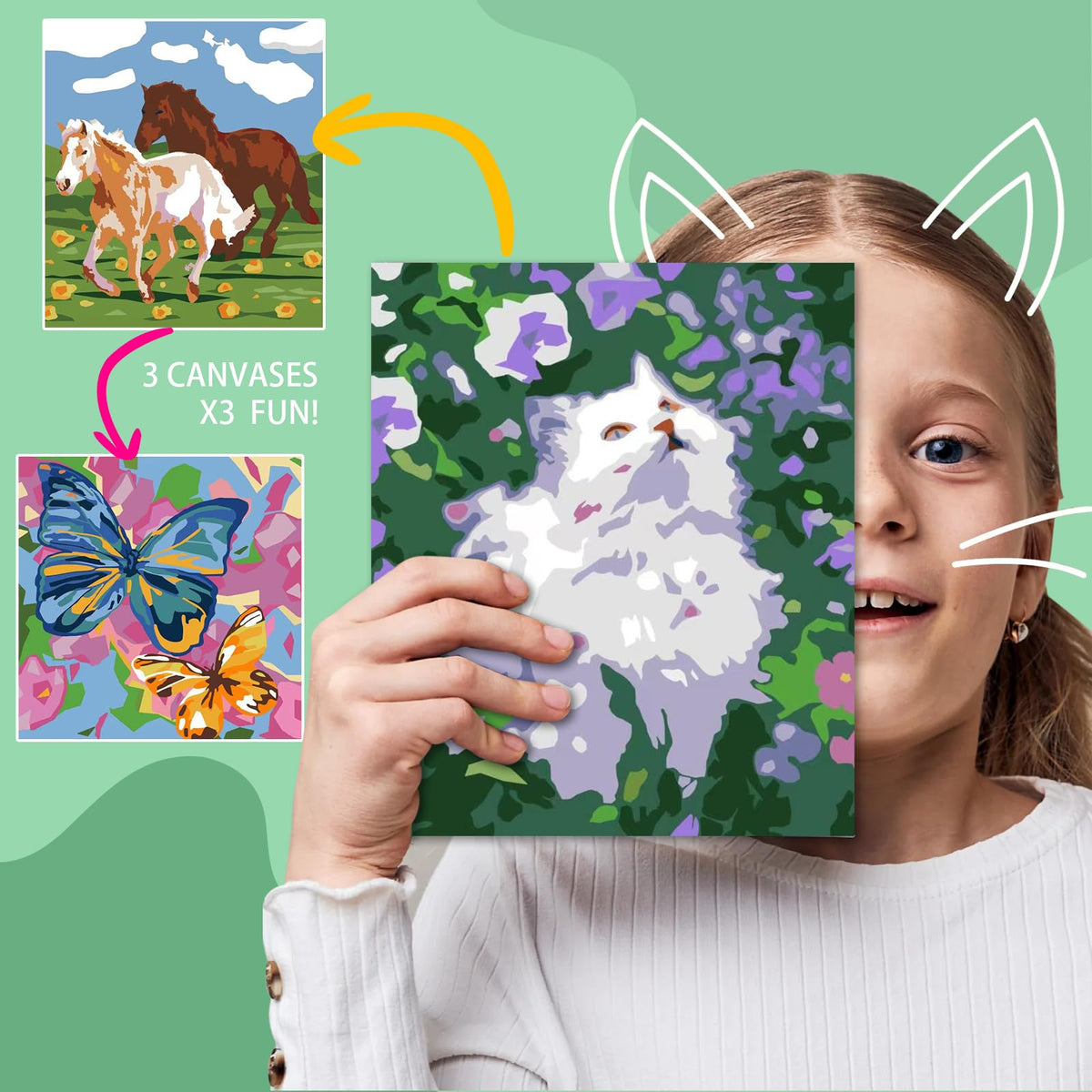 Paint-by-Numbers for Kids Ages 8-12 - Acrylic Paint Set, Paint by Numbers, Glow in The Dark, DIY Craft, Include 3 Canvas Framed with 30 Pots, 5 Brushes, Horse Paint by Number, Wooden Crafts to Paint Wings Giant