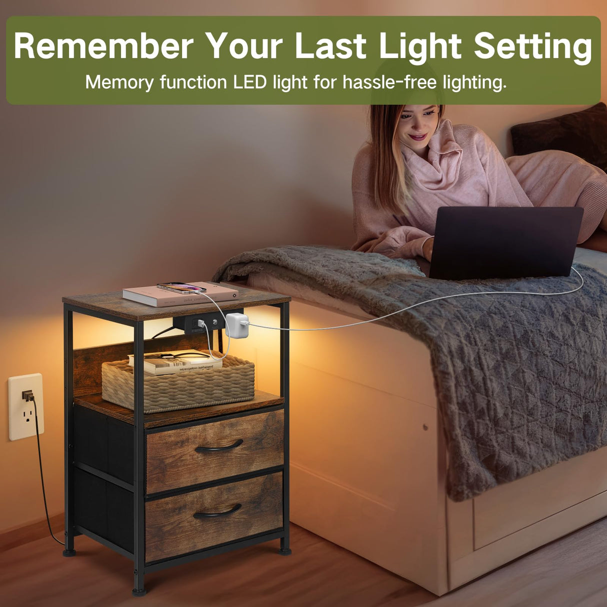 OUTONLIFE Nightstand with LED Dimmable Light & Charging Station, Narrow Bed Side Table with 2 Fabric Drawers, 2 USB Ports & AC Outlets, 3-Tier End Table with Storage Shelves for Bedroom, Living Room OUTONLIFE