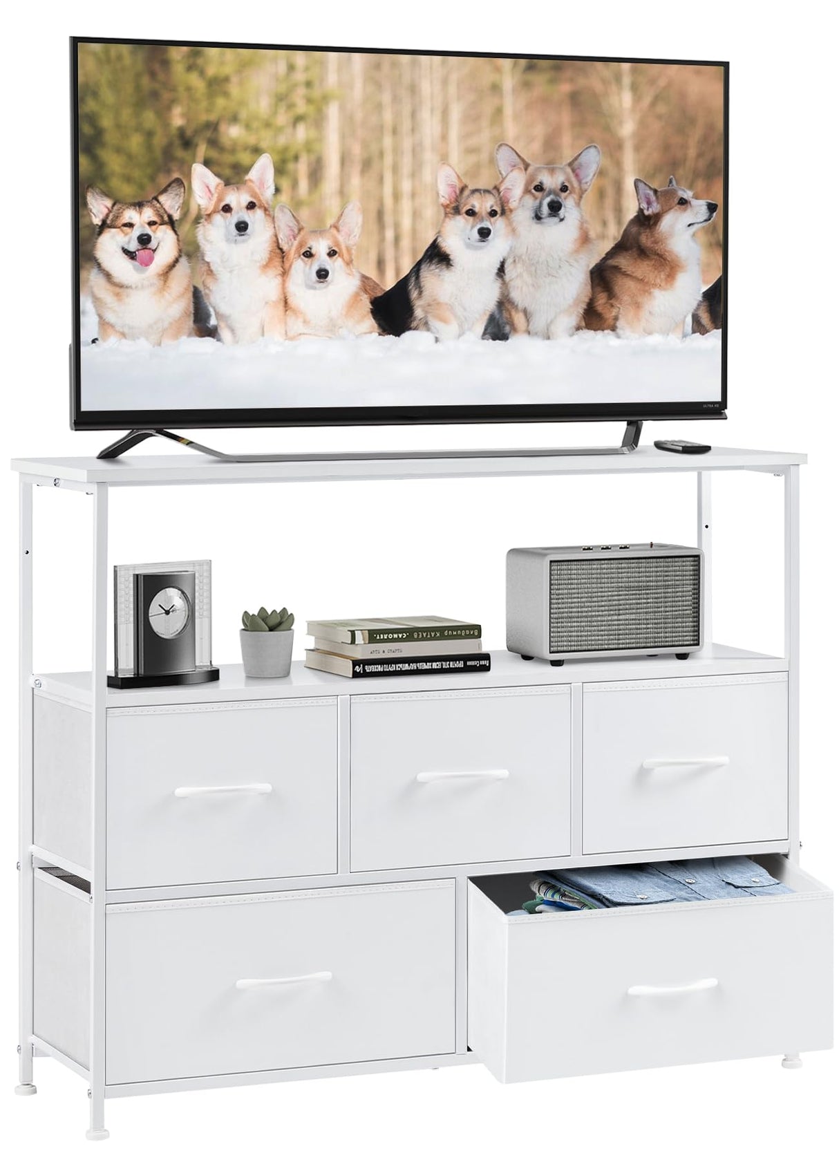 DUMOS TV Stand Dresser for Bedroom Entertainment Center with 5 Fabric Drawers Storage Organizers Units, Media Console Table with Open Shelf up for 45" Television for Living Room, Dorm, White DUMOS