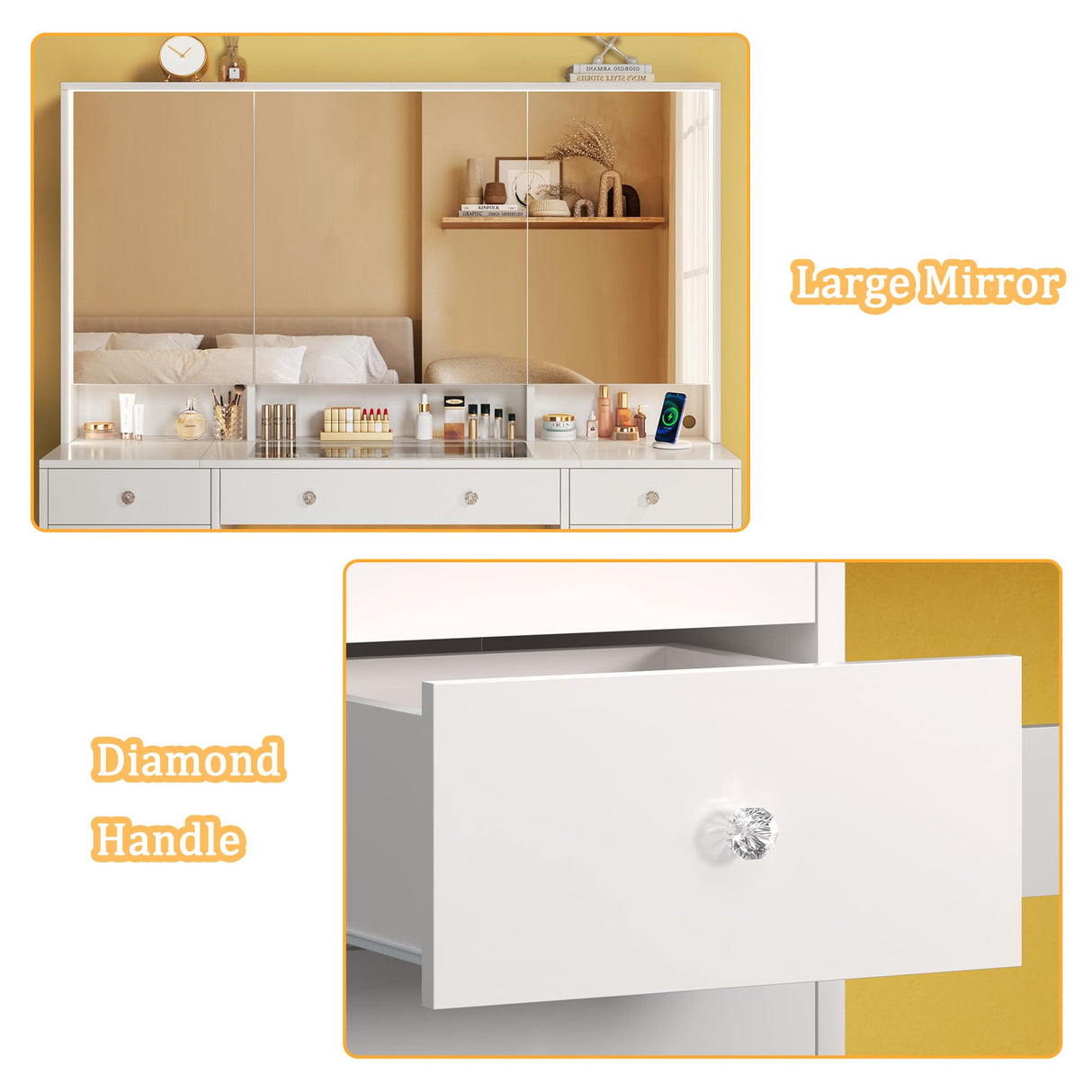 Vanity Desk with Mirror and Lights, 50" Makeup Vanity with Glass Top & Power Outlet, White Vanity with 11 Drawers & 8 Hidden Storage Shelves, 3 LED Lighting Modes Adjustable for Bedroom HUAHUU