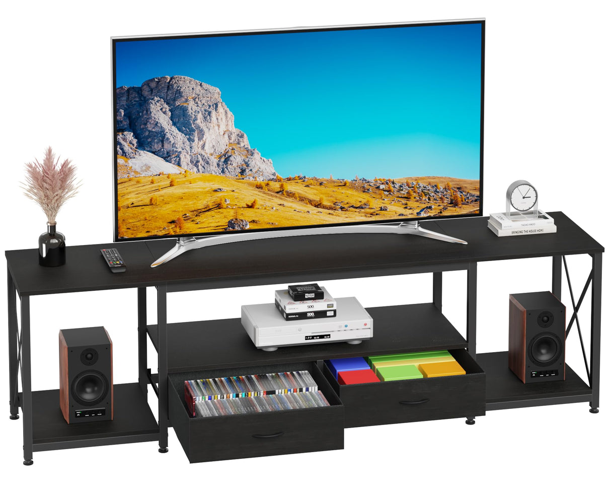 GYIIYUO TV Stand with Fabric Drawers for 75 80 Inches TV - Entertainment Center and Industrial TV Console Table with Open Storage Shelves for Living Room, Bedroom- 71.5" Black GYIIYUO