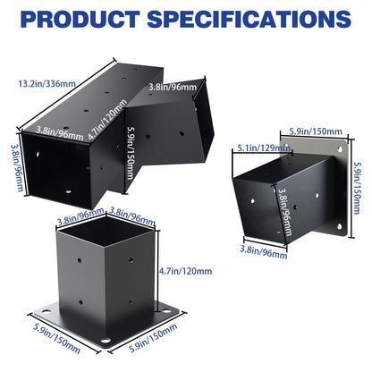 Pergola Kit, 15° 4-Way Slanted Roof Pergola Bracket Set, Powder-Coated Roof Wall Mount Pergola Brackets 4" x 4" (Actual: 3.5x3.5 Inch), Pergola Hardware for Porch Gazebo Backyard (3 pcs)