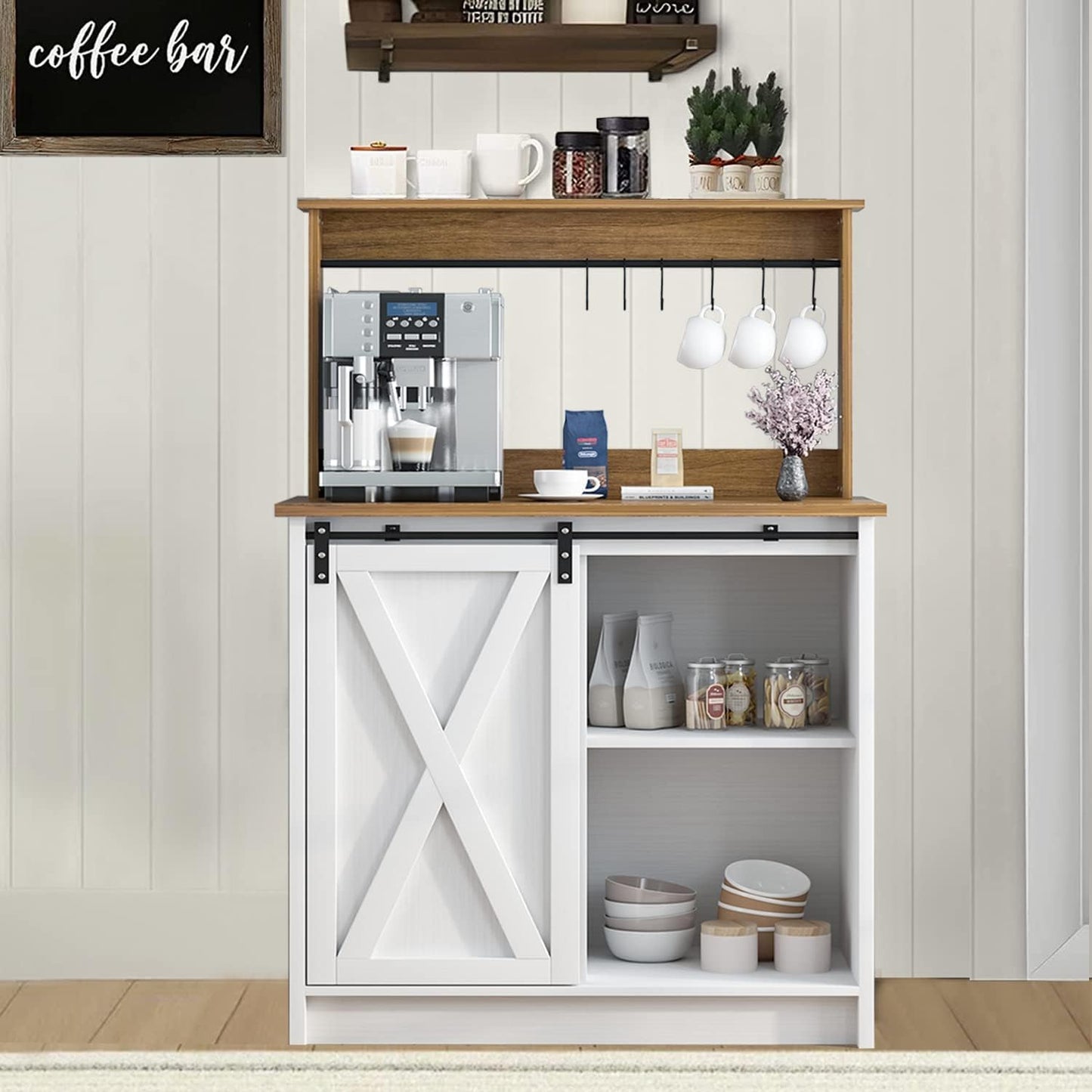 4ever2buy Farmhouse Coffee Bar Cabinet with 6 Hooks, White Coffee Bar Hutch with Storage, 50 Inch Buffet Cabinet with Sliding Barn Door, Coffee Bar Table with Adjustable Shelves for Living Dining Room