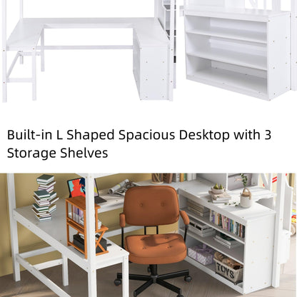 Merax White Full Size Loft Bed with L-Shaped Desk, Storage Shelves, and Attached Stairs - WoodArtSupply