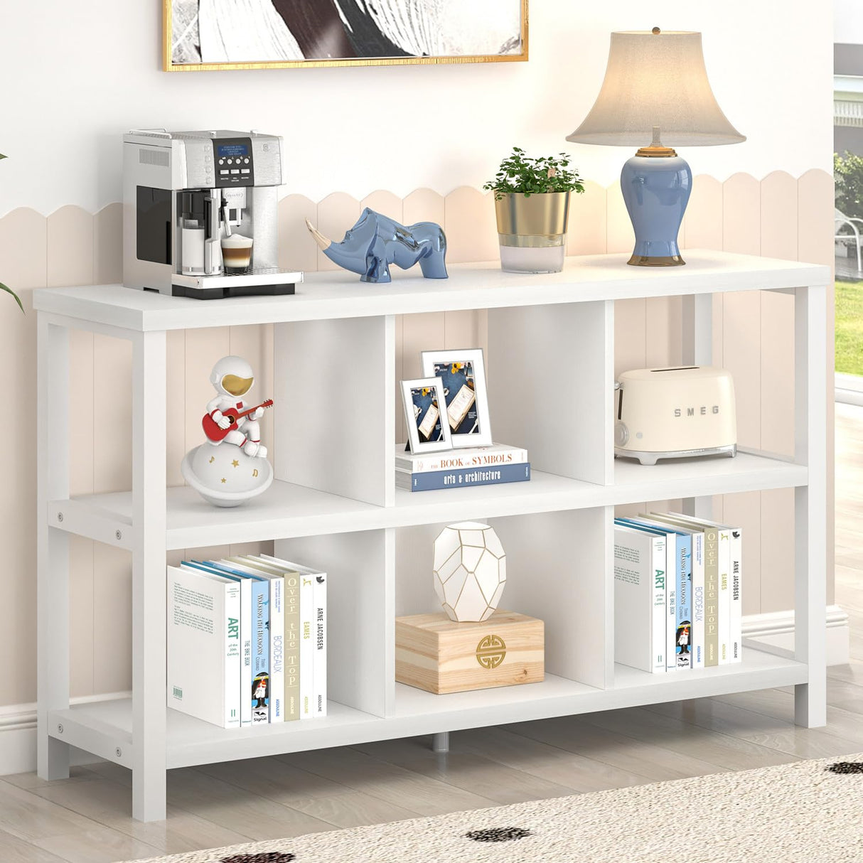 FOLUBAN Horizontal Bookshelf, 6 Cube Storage Organizer with Shelf, Modern Wood and Metal Cubby Bookcase for Bedroom Living Room, White Oak, 47 Inch FOLUBAN