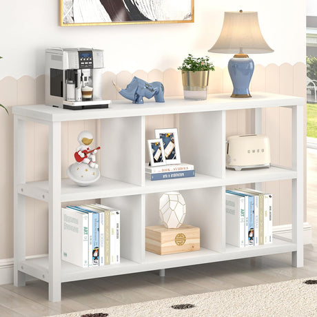 FOLUBAN Horizontal Bookshelf, 6 Cube Storage Organizer with Shelf, Modern Wood and Metal Cubby Bookcase for Bedroom Living Room, White Oak, 47 Inch FOLUBAN
