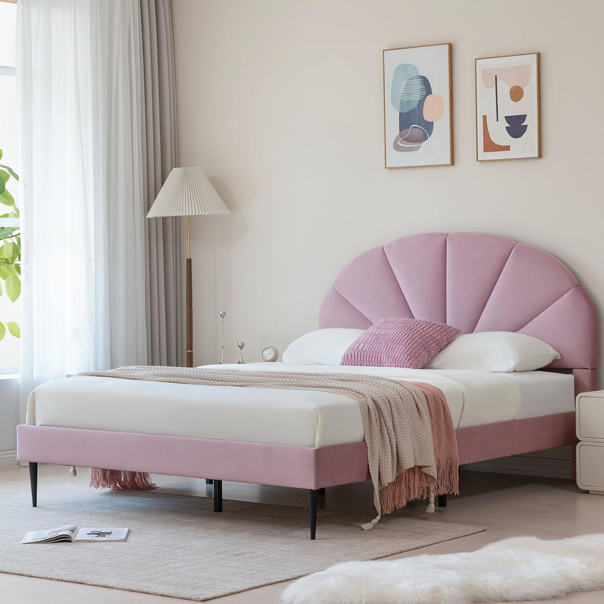 VELOCAVA Pink Bed Frame Queen Size, Heavy Duty Upholstered Bed with Unique Headboard, Soft Velvet Platform Bed with Strong Wooden Slats Support, No Box Spring Needed, Easy to Assemble VELOCAVA