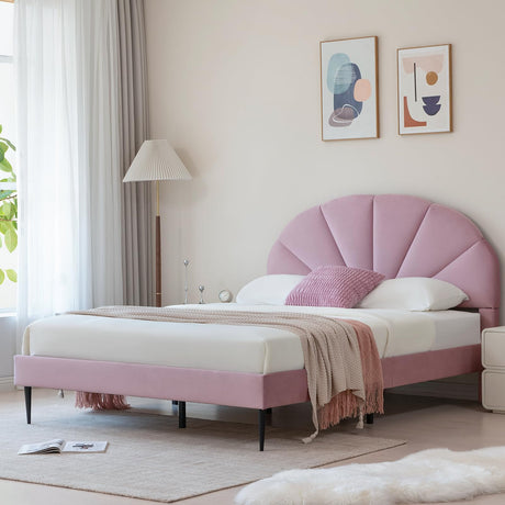 VELOCAVA Pink Bed Frame Queen Size, Heavy Duty Upholstered Bed with Unique Headboard, Soft Velvet Platform Bed with Strong Wooden Slats Support, No Box Spring Needed, Easy to Assemble VELOCAVA
