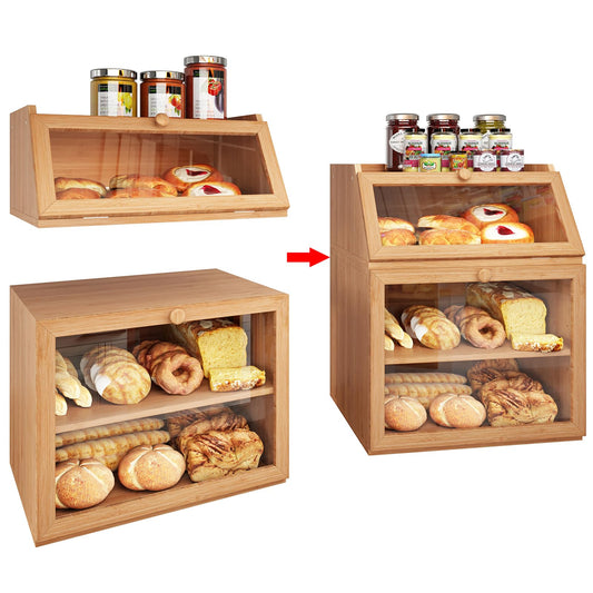 X-cosrack 3-Tier Extra Large Double Separable Bamboo Bread Box Storage with Clear Window and Adjustable Compartment for Kitchen Countertop,Natural