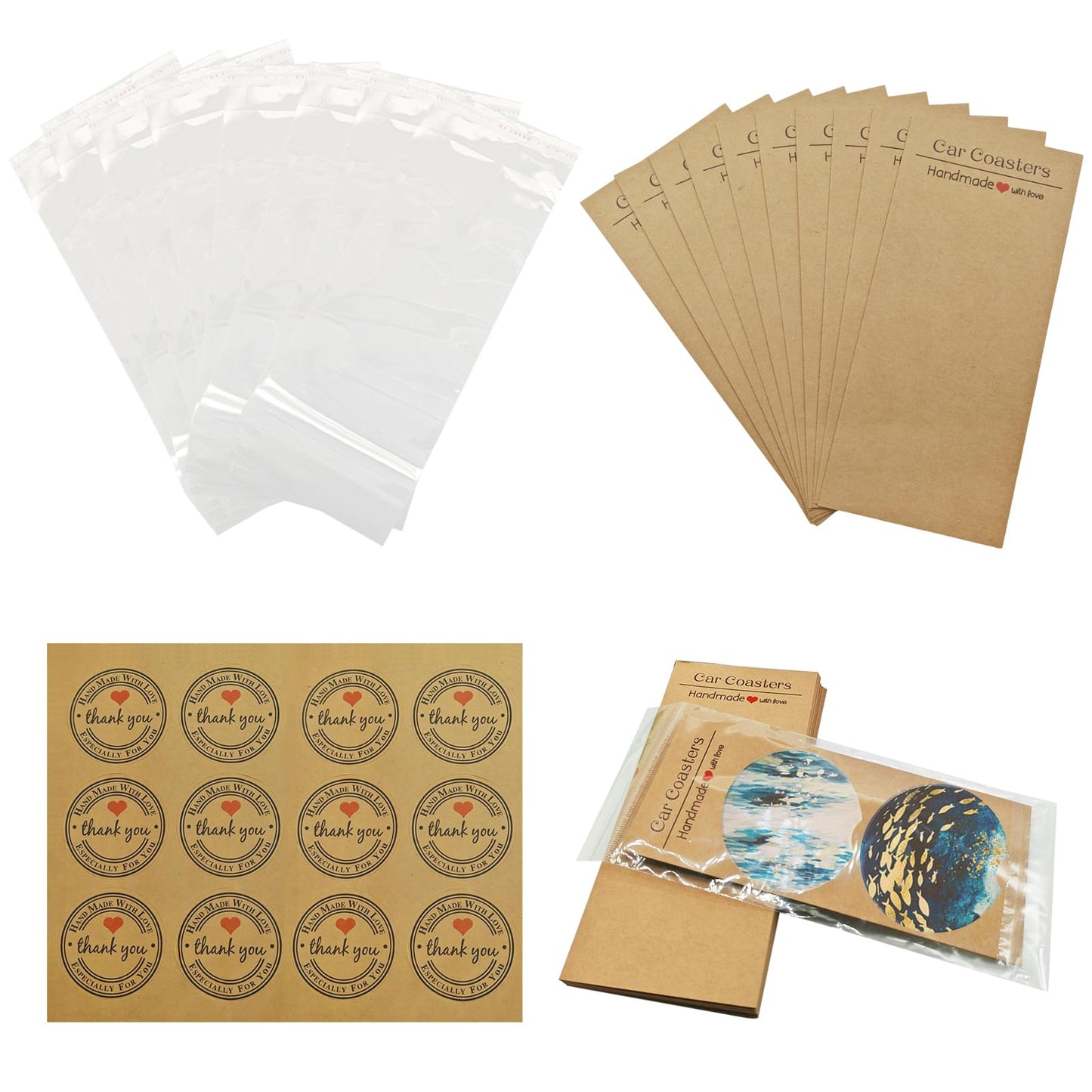 NANSHINE Car Coaster Packaging for Selling,100Pcs Car Coasters Cards with 100Pcs Self-Seal Bags 108Pcs Thank You Stickers,Car Coasters Cards for Selling, Coasters Display Cards (Brown)