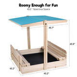 FUNTOK Kids Sandbox with Lid and Cover, Wooden Sandbox with Canopy UV-Resistant and Height Adjustable Roof, Sand Box with 2 Bench Seats for Backyard Outdoor Play(45.2x45.2in) FUNTOK