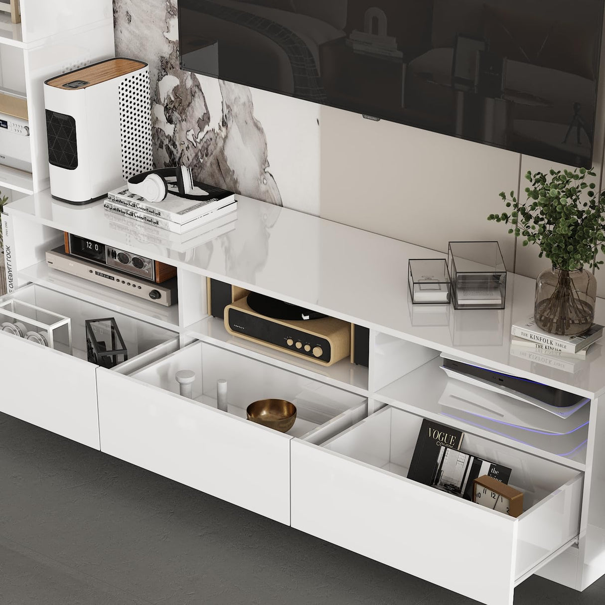 TAMUNE Large Entertainment Center with Bookshelves, High Gloss Wall Unit TV Stand, Modern Media Center with Shelves and Drawers, Doors, for Living Room White 11.8”D x 94.5”W x 78.7”H TAMUNE