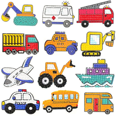 MEGZIHXN Cute Diamond Art Stickers Kits for Kids,12 Pcs Airplanes Excavators Police Cars Engineering Vehicles Diamond Arts Craft Set Gifts for Children and Adult Beginners