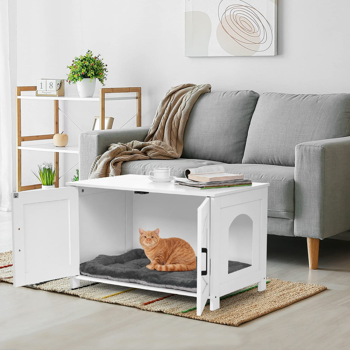 Homhedy Cat Litter Box Enclosure,Litter Box Furniture Hidden with Barn Door,Wooden Cat Washroom Furniture,Cat House,Fit Most of Litter Box,White Homhedy