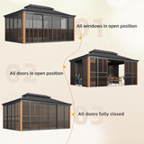 EROMMY 12'*16' Sunroom, with Front Door, Side Entrance, Galvanized Steel Double Top, Wood Grain Appearance, Aluminum Alloy Frame, Solarium Backyard Sun Room EROMMY