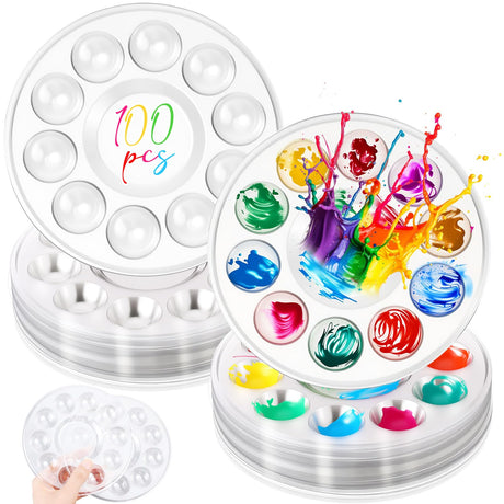 AmazingSpark 100 Pcs Paint Tray Palettes 5.5 in Clear Disposable Round Plastic Paint Palette Watercolor Craft Supplies for Art Class, Halloween Painting Party, DIY Craft, Birthday Party AmazingSpark