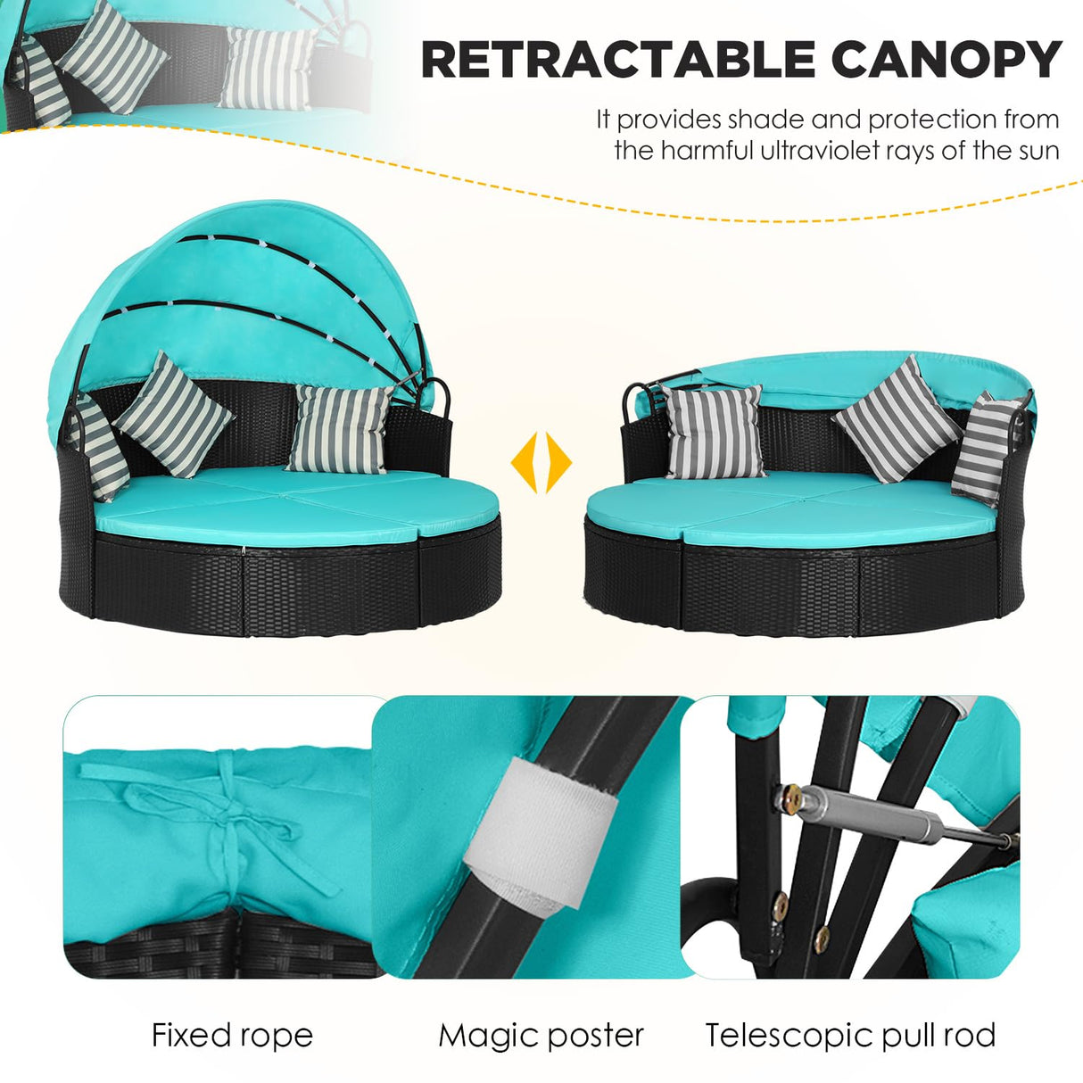 PayLessHere Outdoor Round Daybed Wicker Patio Furniture Outdoor Furniture with Retractable Canopy Rattan Separated Seating Sectional Sofa Washable Cushioned and Three Pillow for Patio Backyard (Blue) PayLessHere