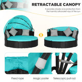 PayLessHere Outdoor Round Daybed Wicker Patio Furniture Outdoor Furniture with Retractable Canopy Rattan Separated Seating Sectional Sofa Washable Cushioned and Three Pillow for Patio Backyard (Blue) PayLessHere