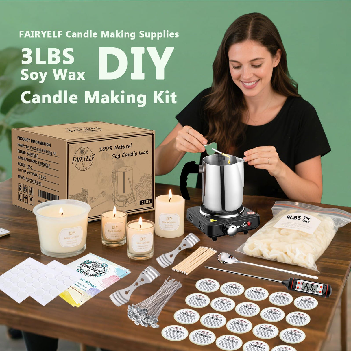 Soy Wax Candle Making Kit Supplies with Wax Melter, Natural Candle Wax for Candle Making - DIY Candle Making Supplies, Including 3lbs Soy Wax Flakes, Melting Pot, Electric Stove, Candle Wick FAIRYELF
