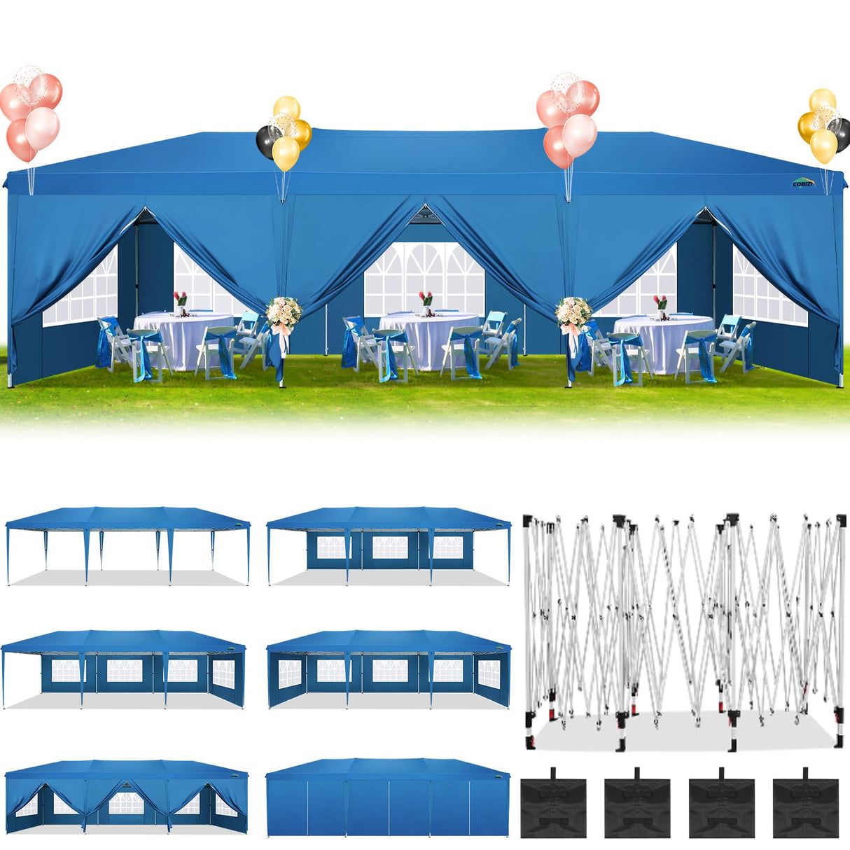 COBIZI 10x30 Canopy Party Tent with 8 Walls 10x30 Pop Up Tent for Parties Waterproof UPF 50+ Outdoor Commercial Event Tent for Party Backyard Gazebo Canopy with Sidewalls & Sandbags(Blue,10x30ft COBIZI