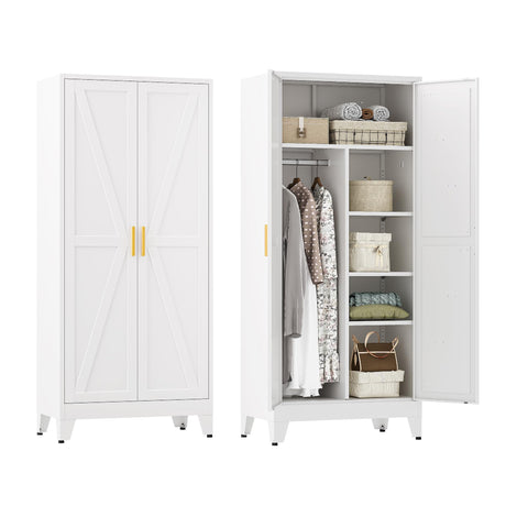 YAUWOH Farmhouse Wardrobe Cabinet,Metal Wardrobe Closet with Hanging Rod,Metal Armoire with Adjustable Shelves for Bedroom,Living Room, Cloak Room,Office (White) YAUWOH