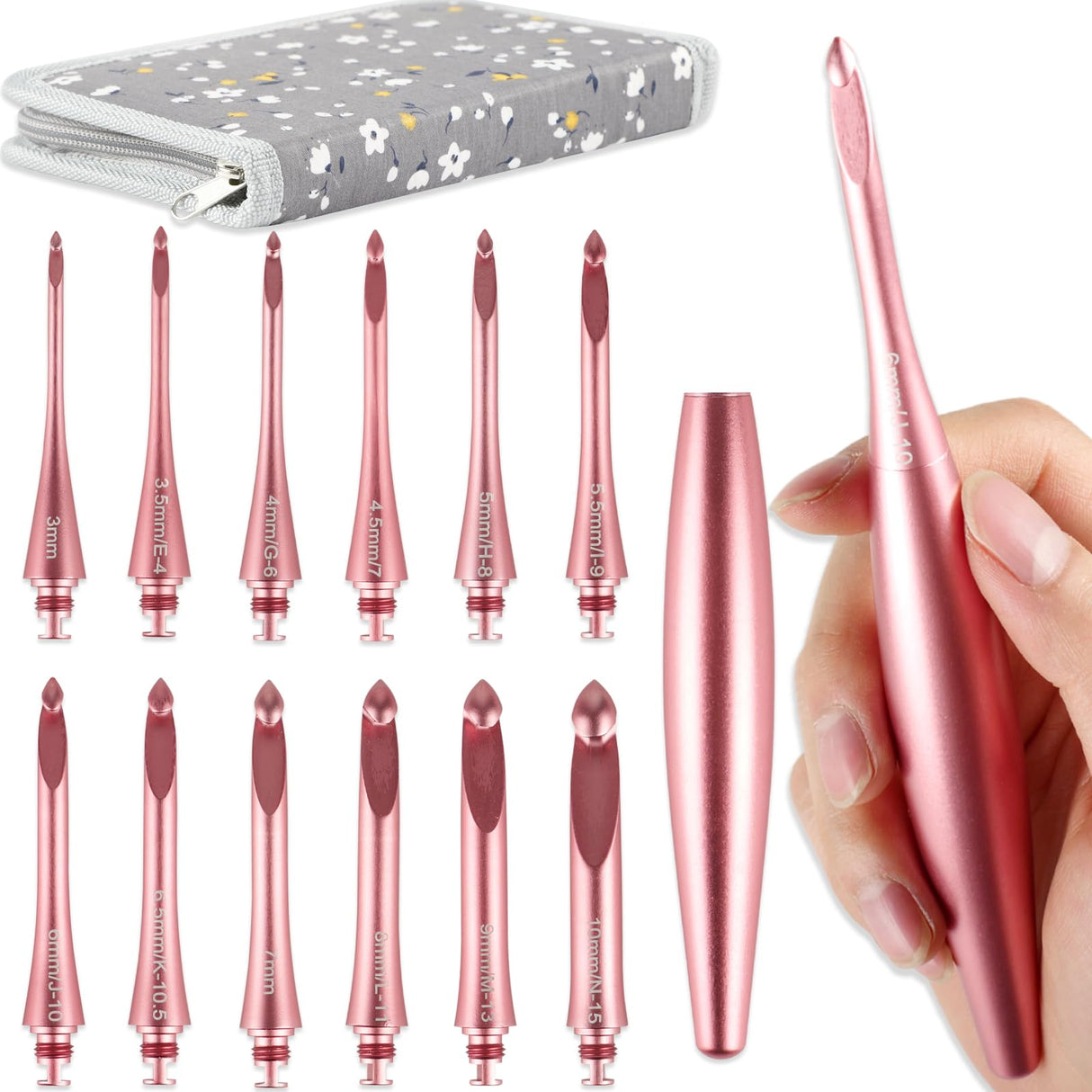 Svartur Interchangeable Crochet Hook Set with 12 Hooks – Ergonomic Crochet Hooks Large Handle, US Sizes E-4 to N-15 (3mm–10mm), Smooth & Lightweight, Crochet Kit with Storage Case, Pink Svartur