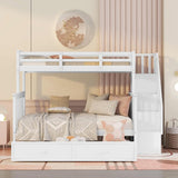 CITYLIGHT Twin Over Full Bunk Beds with Twin Size Trundle & Stairs, Solid Wooden Bunk Bed Twin Over Full Size with Storage Stairway and Guard Rail for Bedroom, Dorm, Kids, Teens, Adults (White) CITYLIGHT