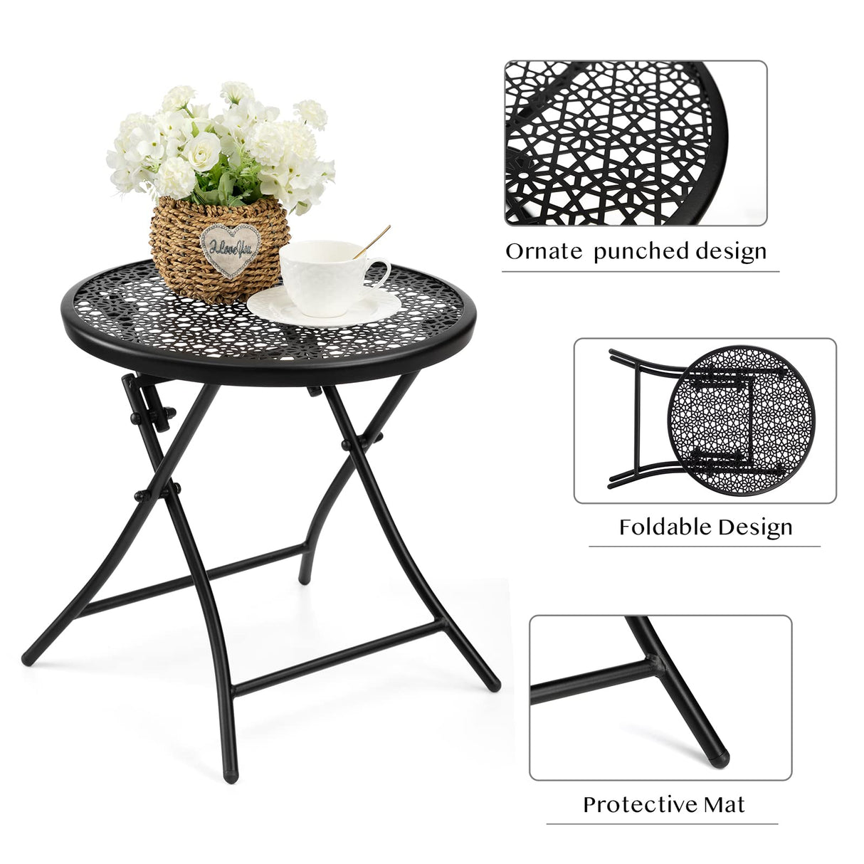 TeoKJ Folding Outdoor Side Tables, Anti Rust Small Patio Table Round Metal Nightstand with Flower Cutouts for Porch Yard Balcony Deck Lawn, Black TeoKJ